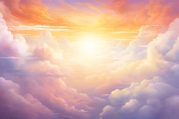 Zelfklevend Fotobehang Heavenly sky, Sunset above the clouds abstract illustration, Extra wide format, Hope, divine, heavens concept © xadartstudio