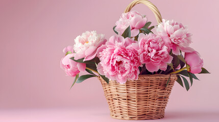 Fototapeta na wymiar Basket of pink flowers, copy space