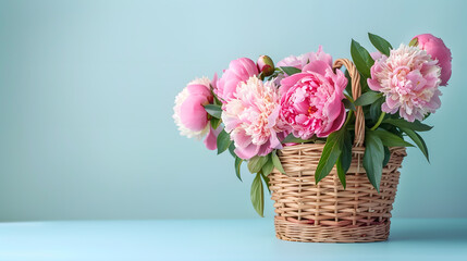 Basket of pink flowers, copy space