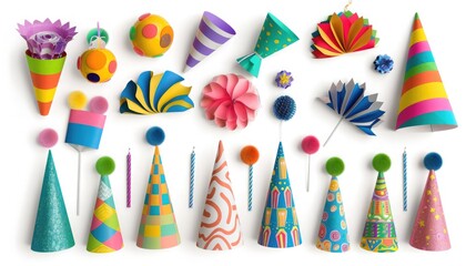 Colorful party hats and other festive items on white background .