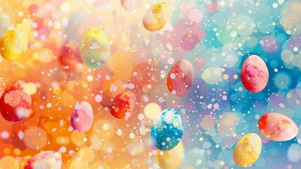 Colorful hand painted Easter eggs floating in the air with bubbles on colorful pastel background. Easter decoration, banner, panorama, background with copy space for text. Happy Easter.