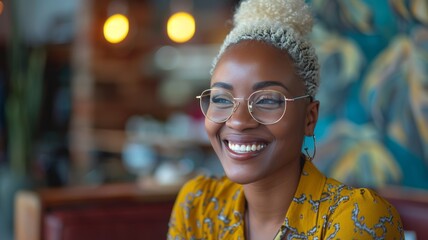 Close-up portrait of charming young African American woman with dyed blonde hair in a bright cozy room. Confident, enthusiastic lady with glasses laughs while looking aside. - obrazy, fototapety, plakaty