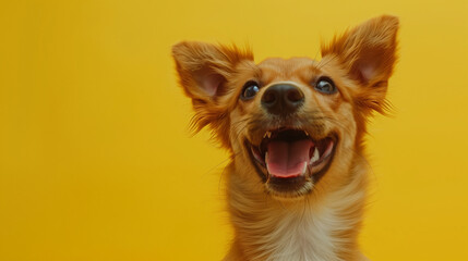 A smiling happy brown dog isolated on a yellow background. laughing dog. 