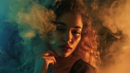 Portrait of a serene woman surrounded by colorful smoke, creating an ethereal and dreamy atmosphere.