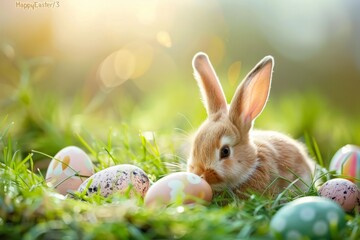 Little cute bunny and colorful Easter eggs in the spring green grass. Easter decoration, banner, background with copy space for text. Happy Easter. - Powered by Adobe