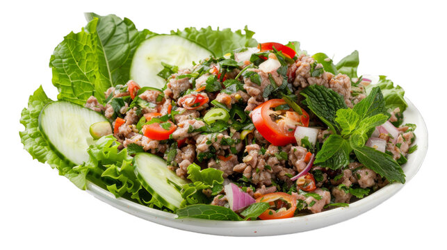Minced Meat Salad (Larb) on isolated on transparent png background. Generative ai