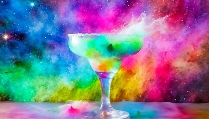 Galactic Explorer: A margarita inspired by outer space, with swirling colors reminiscent of nebulas and galaxies, garnished with dry ice for a mesmerizing smoke effect and edible glitter stars
