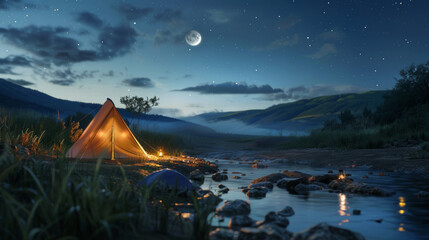 A small camping tent glows with lantern light by the shores of an idyllic stream. Rolling hills background and moon and stars overhead. Tranquil twilight landscape solitude vacation travel concepts