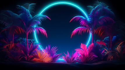 Fototapeta na wymiar Neon frame with tropical palm leaves on dark background