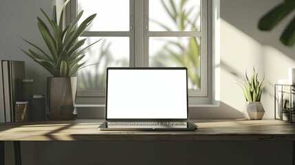 Sleek laptop on minimalist wooden desk in soft morning light through window, perfect for app display mockup.