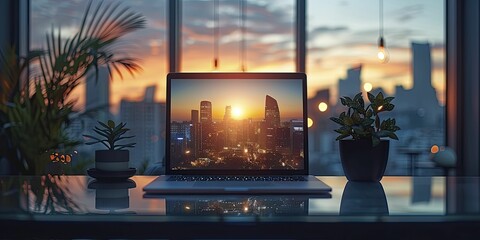 Business laptop displayed on glass table with urban skyline backdrop, ideal for website presentations.