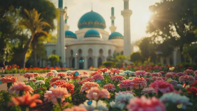 Colorful flower garden with a majestic mosque under the vibrant sky, adorned with butterflies