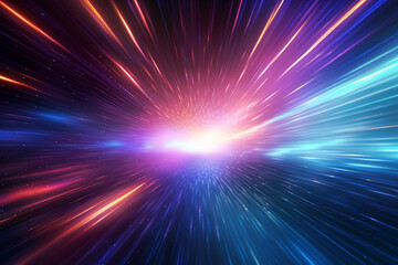Light speed, hyperspace, space warp background, colorful streaks of light gathering towards the...