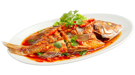 Fried Fish with Basil and Chili on isolated on transparent png background. Generative ai
