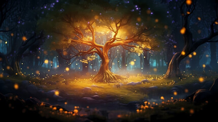 Charming forest landscape of trees at dusk illuminated by twinkling lights