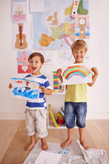 Excited, children and portrait with paper for artwork, display and presentation of drawing in...
