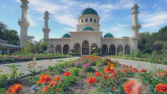 Colorful flower garden with a majestic mosque under the vibrant sky, adorned with butterflies
