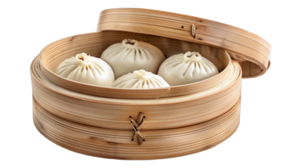 Steamed buns baozi filled with red pork on isolated on transparent png background. Generative ai