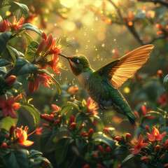 A hummingbird sipping nectar from a flower, set against a backdrop of a beautiful forest, Generative ai