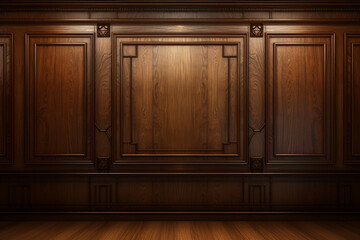 Luxury wood paneling background or texture. highly crafted classic traditional wood paneling, with a frame pattern, often seen in courtrooms, premium hotels, and law offices - obrazy, fototapety, plakaty
