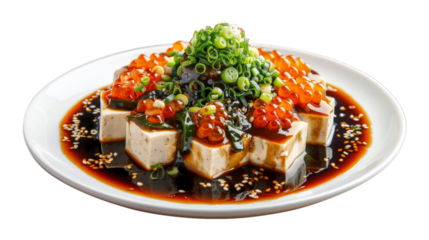 Tofu with century egg on isolated on transparent png background. Generative ai