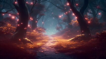 Charming forest landscape of trees at dusk illuminated by twinkling lights - obrazy, fototapety, plakaty