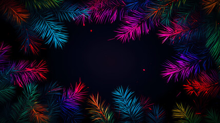 Neon frame with tropical palm leaves on dark background
