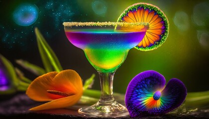 Mystical Elixir: A margarita with a mystical twist, incorporating butterfly pea flower tea for an enchanting blue hue, garnished with edible glitter and served with a magic wand stirrer.