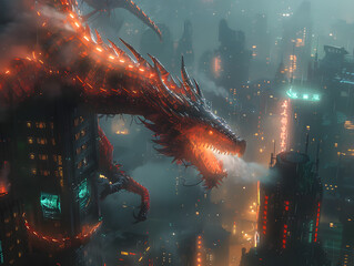 Futuristic cityscape with a giant red dragon amidst skyscrapers, depicting a fantasy sci-fi scene.