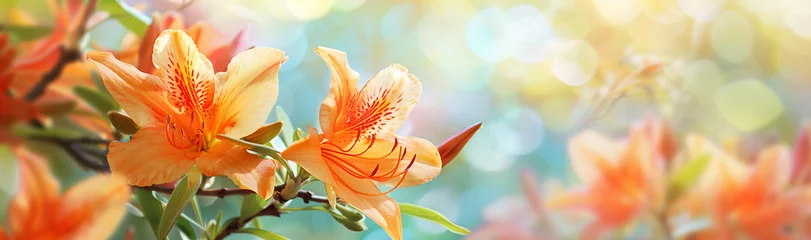 Tuinposter orange azaleas in full bloom radiate warmth against a soft, colorful backdrop © alex