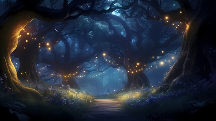 Charming forest landscape of trees at dusk illuminated by twinkling lights - obrazy, fototapety, plakaty