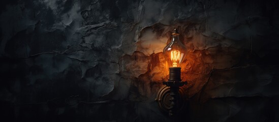 A bright light emanates from a lamp, illuminating a dark room and casting shadows on the wall. The contrast between light and darkness is stark, creating a striking visual effect.