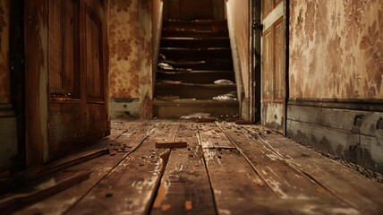 narrow wooden corridor, cracked dirty wooden floor, dirty peeling wallpaper. Generative AI - obrazy, fototapety, plakaty