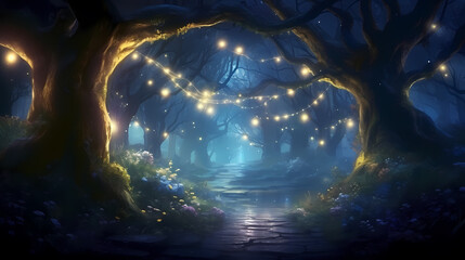 Charming forest landscape of trees at dusk illuminated by twinkling lights