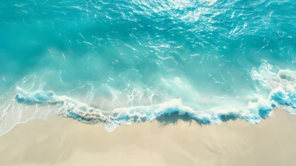 Fototapeten Top down view of beach and sea with blue waves and white sand. Beautiful natural background of summer vacation. Generative AI © Yuriy Maslov
