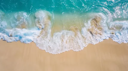 Foto op Aluminium Top down view of beach and sea with blue waves and white sand. Beautiful natural background of summer vacation. Generative AI © Юрий Маслов