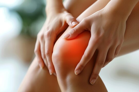 Tendon problems on woman's leg indicated with red spot.