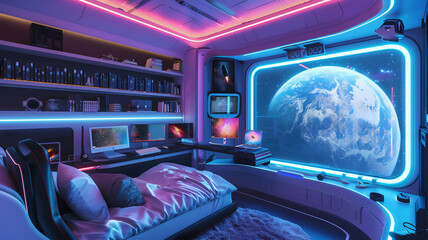 a futuristic teenager's room on an orbital station. a breathtaking view of Earth. Generative AI - obrazy, fototapety, plakaty