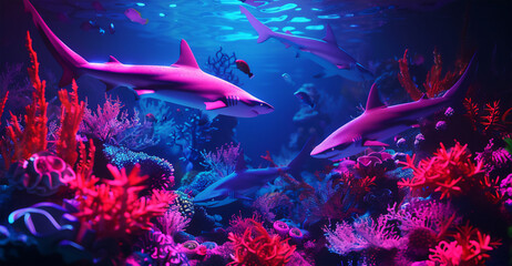 neon caral reef with swimming sharks. Generative AI