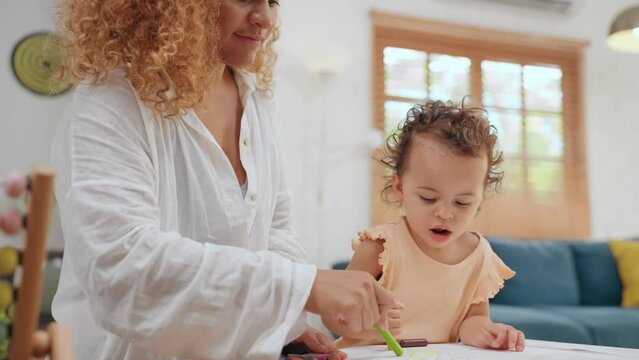 Happy young mother and daughter drawing and coloring crayon a picture in living room at home. Mother and daughter to spend time together to warmth at home. Hobby and Family concept.