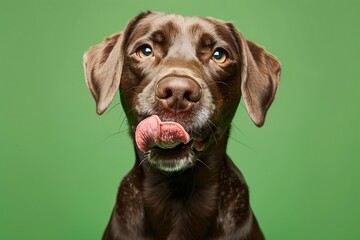 A brown retriever licks his lips against a light green background. hungry dog - obrazy, fototapety, plakaty