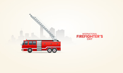 International Fire fighter day, Fire Apparatus whit city, design for social media banner, poster, 3D Illustration.