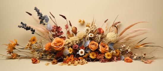 A collection of dried flowers is arranged neatly on top of a wooden table, creating a rustic and decorative display. The flowers vary in color and shape, adding a touch of nature indoors.