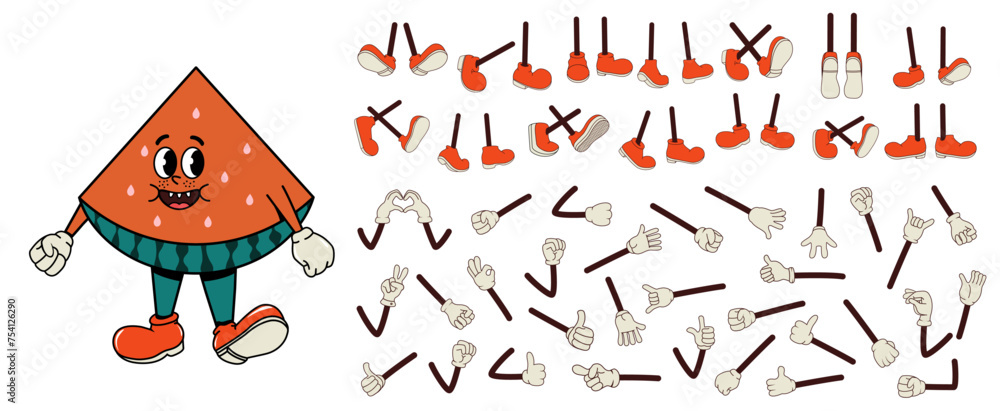 Poster set and collection of arms and legs in different poses for characters in groove style. watermelon wa