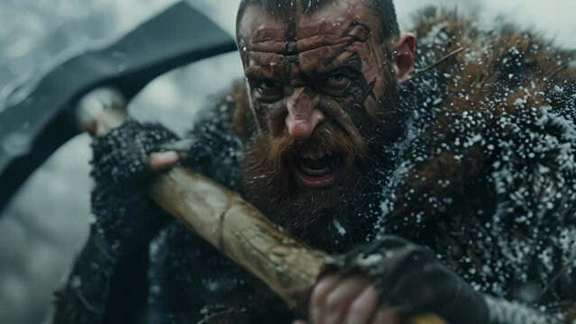 A Celtic warrior with a cloak made of fur and animal claws dd across his shoulders brandishes a large battle axe with a ferocious expression on his face.
