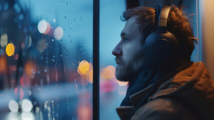 a man wearing headphones stares out a rainy window overlooking the city. slight melancholy and thoughtfulness. Generative AI - obrazy, fototapety, plakaty