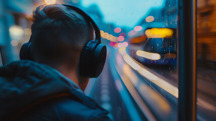 a man wearing headphones stares out a rainy window overlooking the city. slight melancholy and thoughtfulness. Generative AI