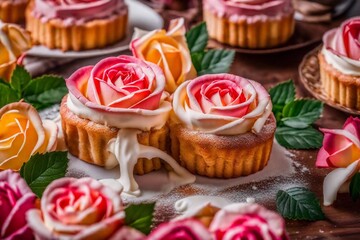 Obraz na płótnie Canvas Heart-Shaped puff pastry apple roses, Beautiful creamy cupcakes on the silver tea tray decorated with roses