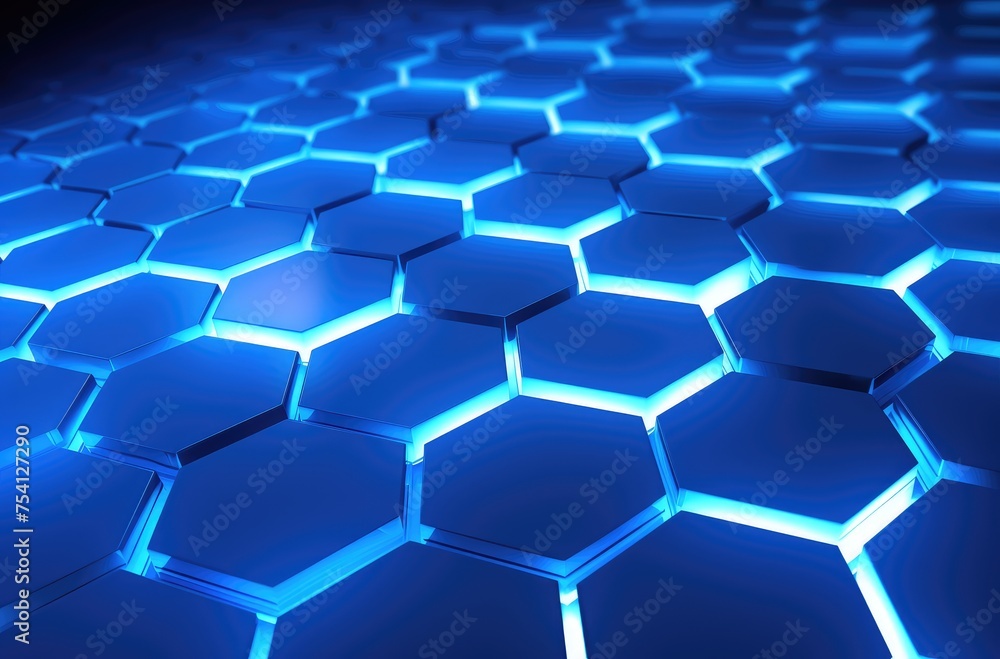 Wall mural Blue Hexagonal Pattern with Illuminated Edges