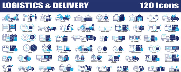 Logistics and Delivery Colorful icon set. Editable Set of 120 Delivery and Logistics web icons in line & fill style. High quality business icon set of Logistics